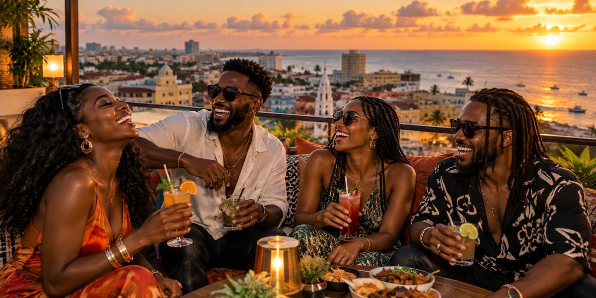 Black friends laughing together on a rooftop terrace at sunset, with a coastal city and the sea behind them